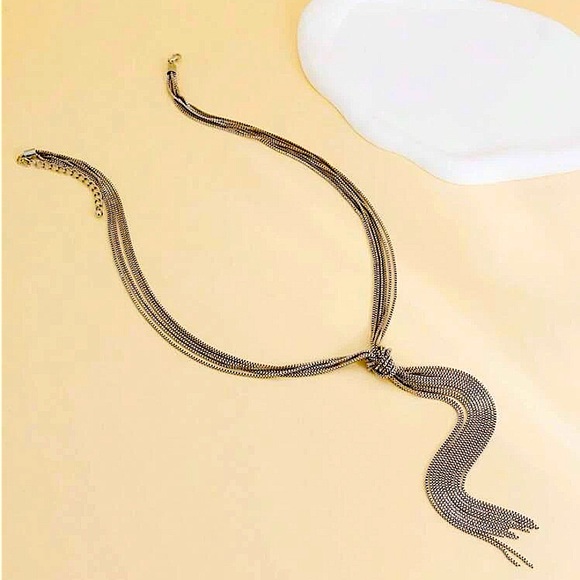 Y Lariat Silver Chrome Tassel Fringe Knot Statement Necklace - Picture 3 of 5